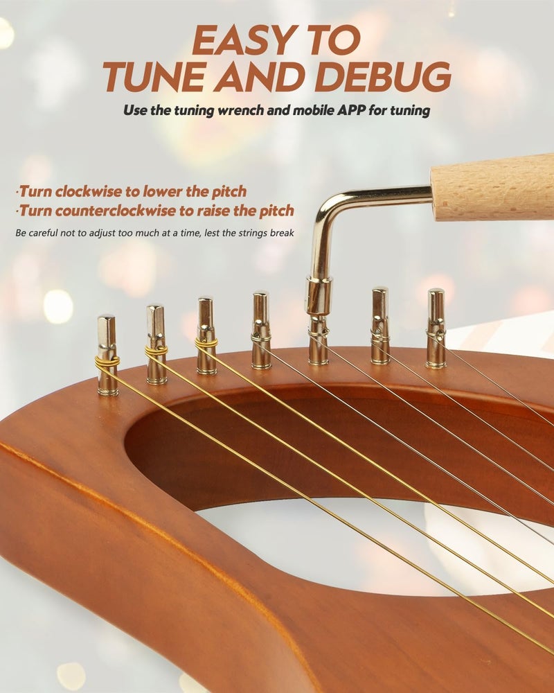 STRICH Lyre Harp, 7 Strings, Mahogany, Bone Saddle Lyre Harp Set with Spare Metal Strings, Tuning Wrench, Black Custom Gig Bag and Manual - Image 5